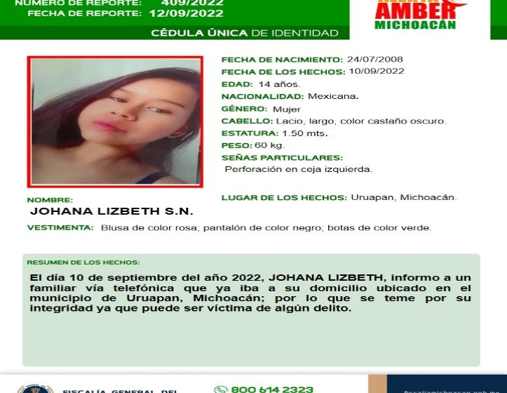  Desaparece joven de 14 años en Uruapan