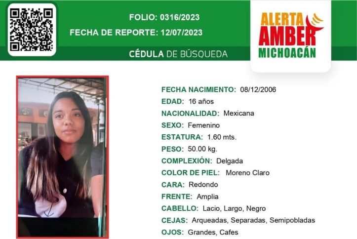  Se busca a la chica, Alin Odeth N.R., desapareció en Uruapan, Michoacán